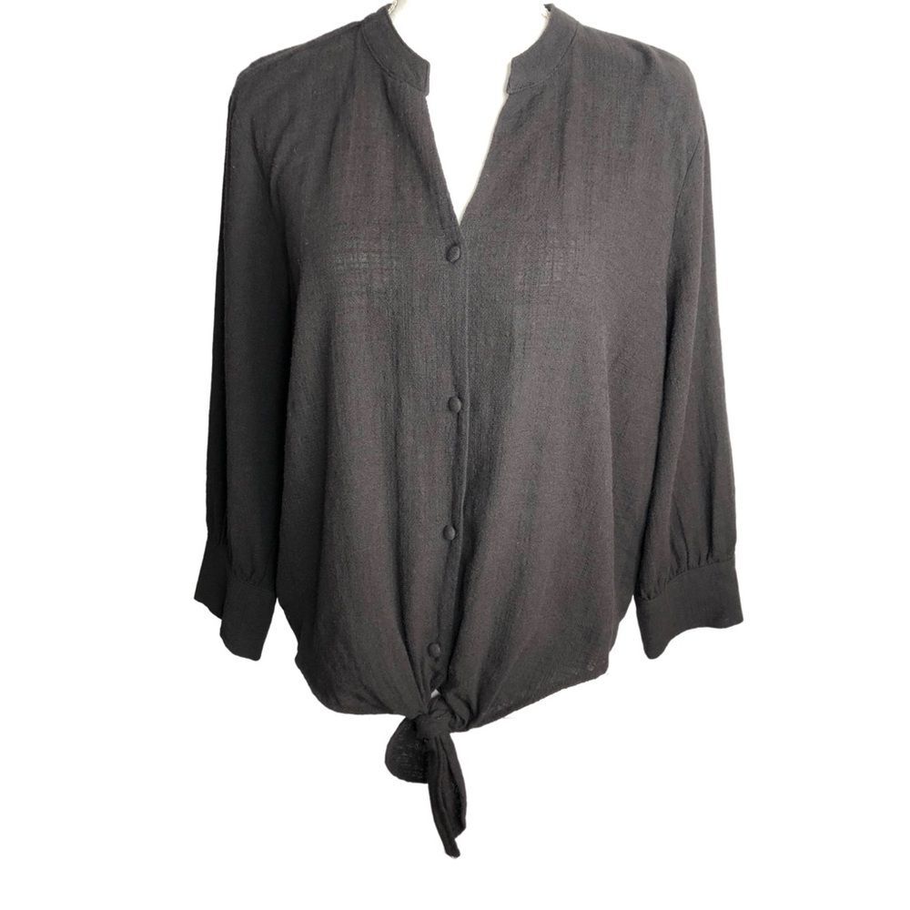 I.N.C International Concepts Petites 3/4 Sleeve Button Front Tie Cropped Blouse
